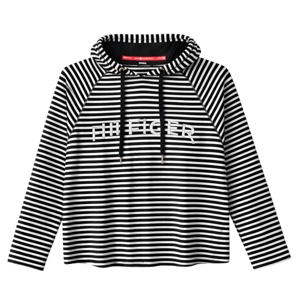 Tommy Hilfiger Sport Womens Striped Hoodie Black White Logo‎ Pullover Large